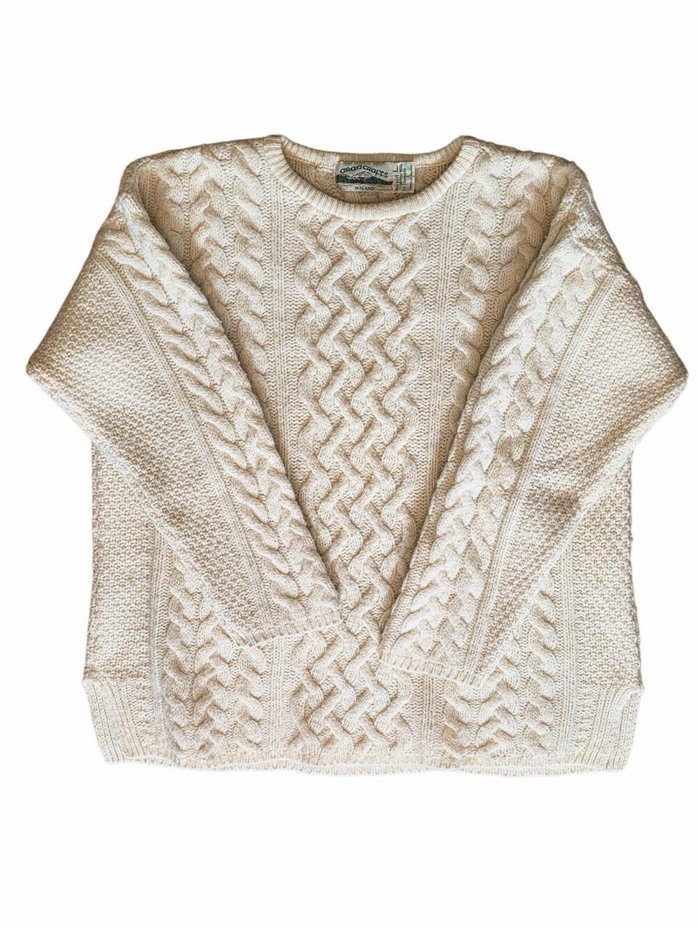 Aran Crafts Ireland Merino Wool Cashmere Blend Cable Knit Sweater Cream L